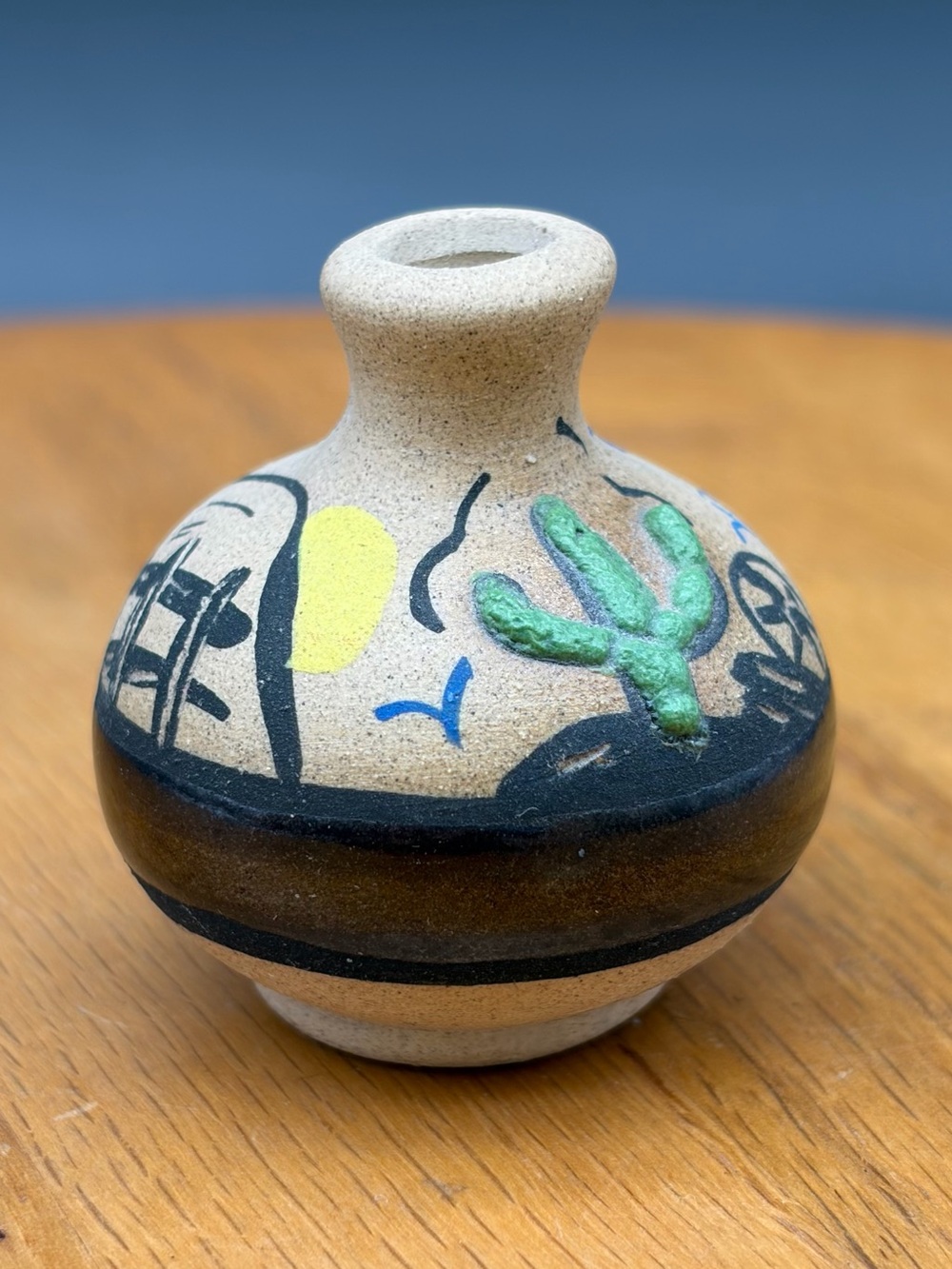 Vintage Handmade Mini Pottery Vase Southwestern Western Scene Doll Trinket Decor